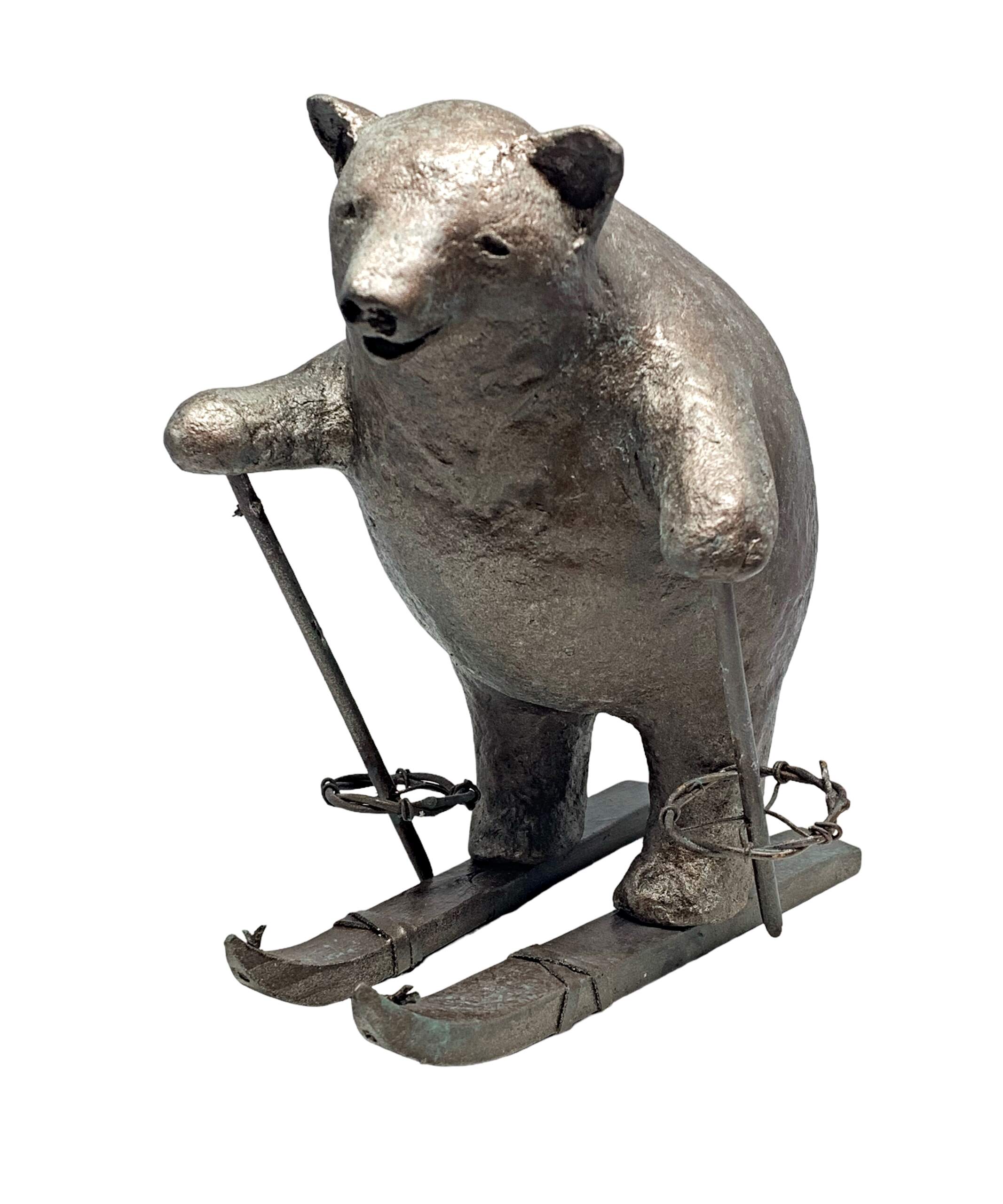 Ski Lover, cute mixed media skiing bear sculpture by Karin Taylor at Effusion Art Gallery in Invermere, BC.
