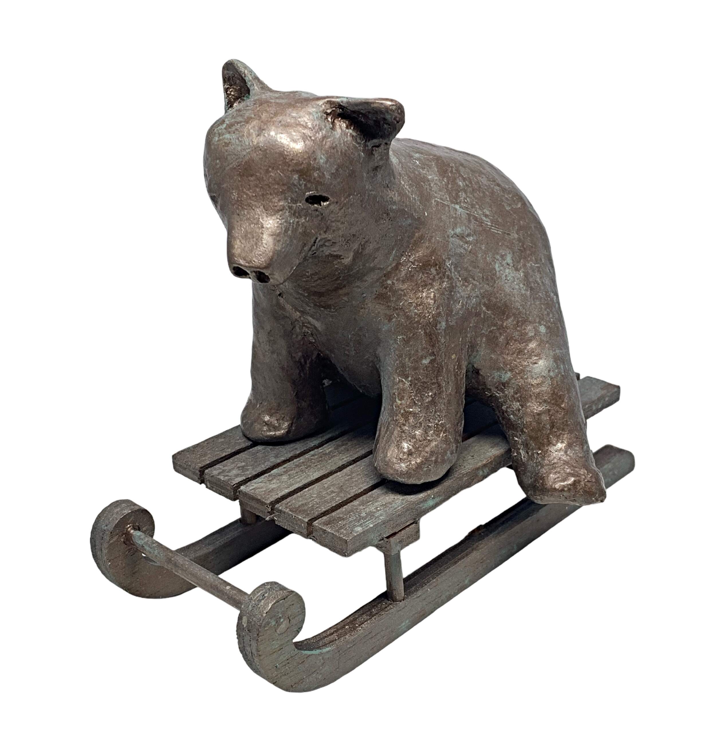 Sleigh Bear, cute mixed media sledding bear sculpture by Karin Taylor at Effusion Art Gallery in Invermere, BC.