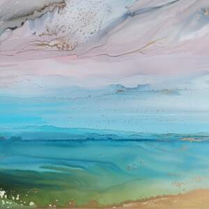 Original soft alcohol ink abstract landscape painting by Paulina Tokarski.