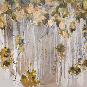 Original alcohol ink painting of amber, gold, and green birch trees in autumn by Paulina Tokarski.