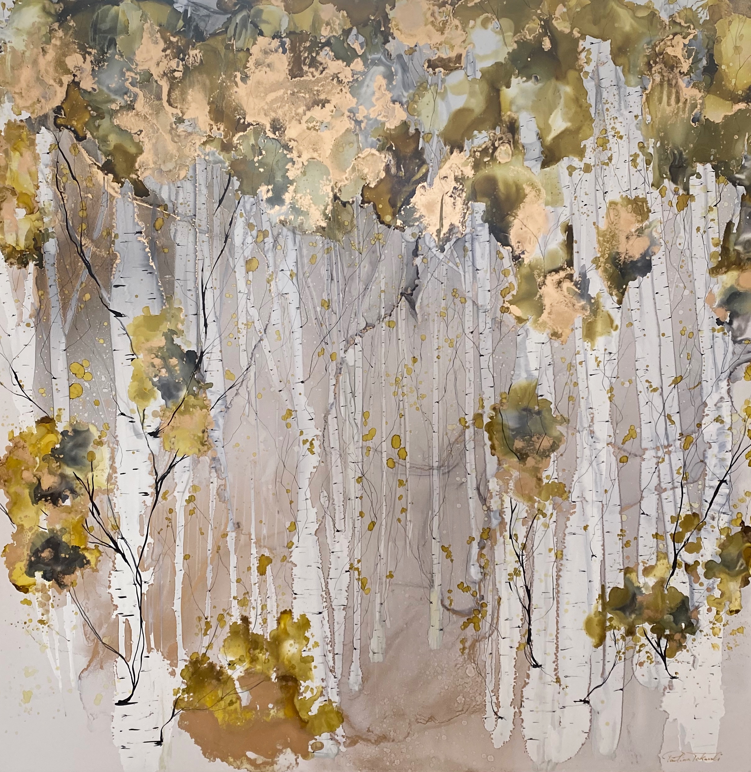 Canopy of Dreams 1, original alcohol ink autumn birch tree painting by Paulina Tokarski at Effusion Art Gallery in Invermere, BC