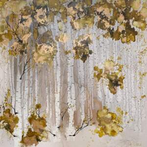 Original alcohol ink painting of amber, gold, and green birch trees in autumn by Paulina Tokarski.
