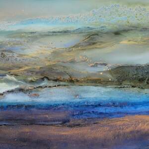 Original blue, soft green, and gold moody alcohol ink abstract mountain landscape painting by Paulina Tokarski.