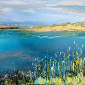 Original alcohol ink painting of the Columbia Valley wetlands in the summer by Paulina Tokarski.
