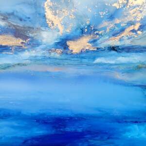 Original abstract blue, teal, and gold abstract sky and water painting by Paulina Tokarski.