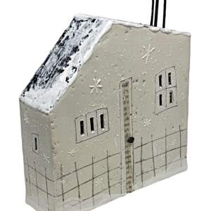 Original 3-D encaustic painting of a cute cream house with snow and snowflakes by Brenda Walker.