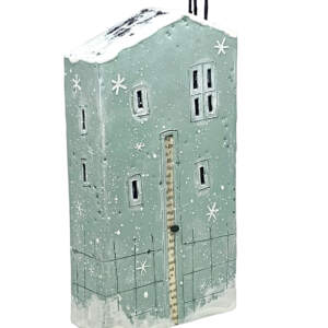 Original 3-D encaustic painting of a cute soft aqua house with snow and snowflakes by Brenda Walker.