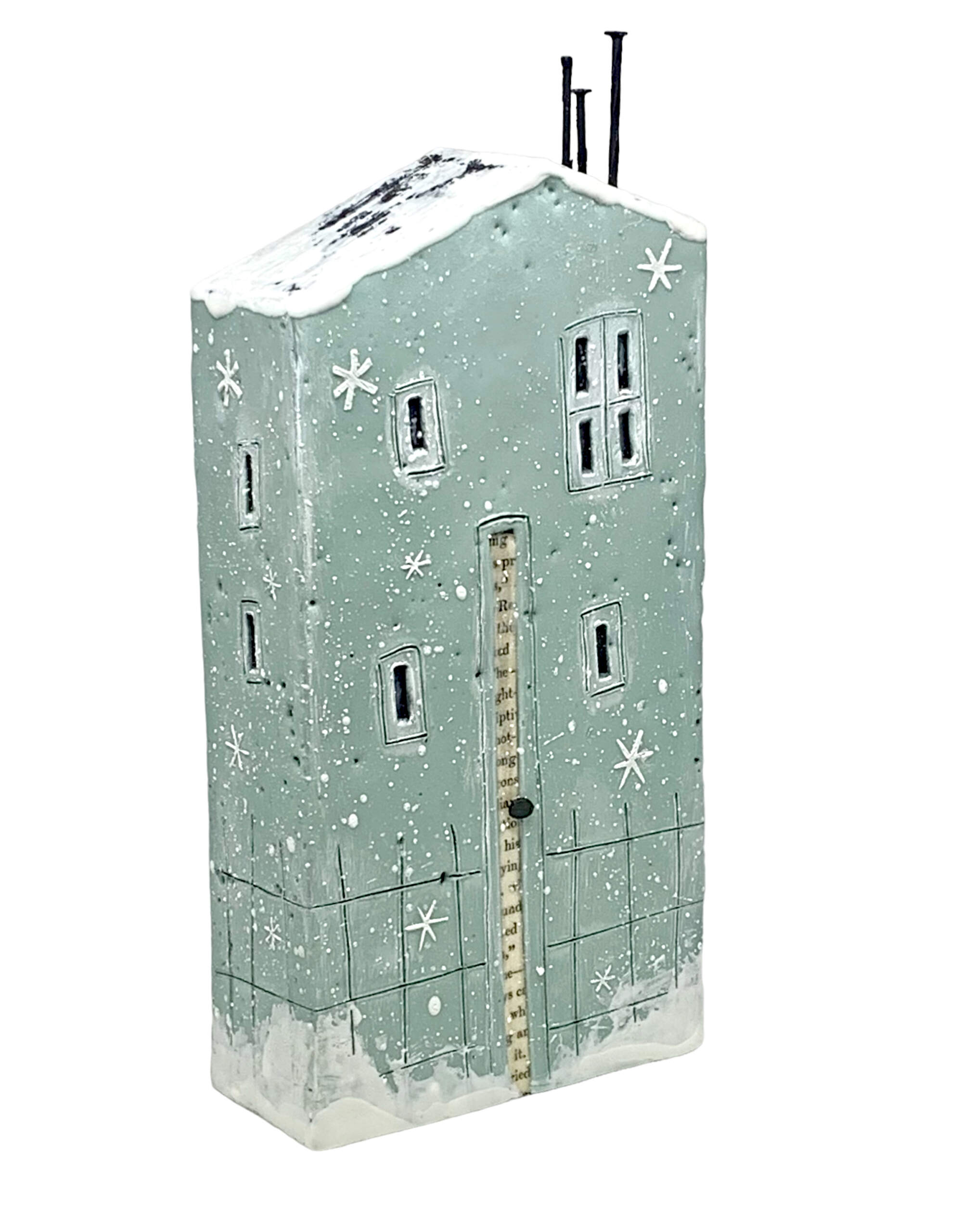 130 Frost Street, original 3-D encaustic aqua snowflake house painting by Brenda Walker at Effusion Art Gallery in Invermere, BC.