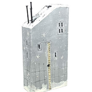 Original 3-D encaustic painting of a cute soft blue gray house with snow and snowflakes by Brenda Walker.