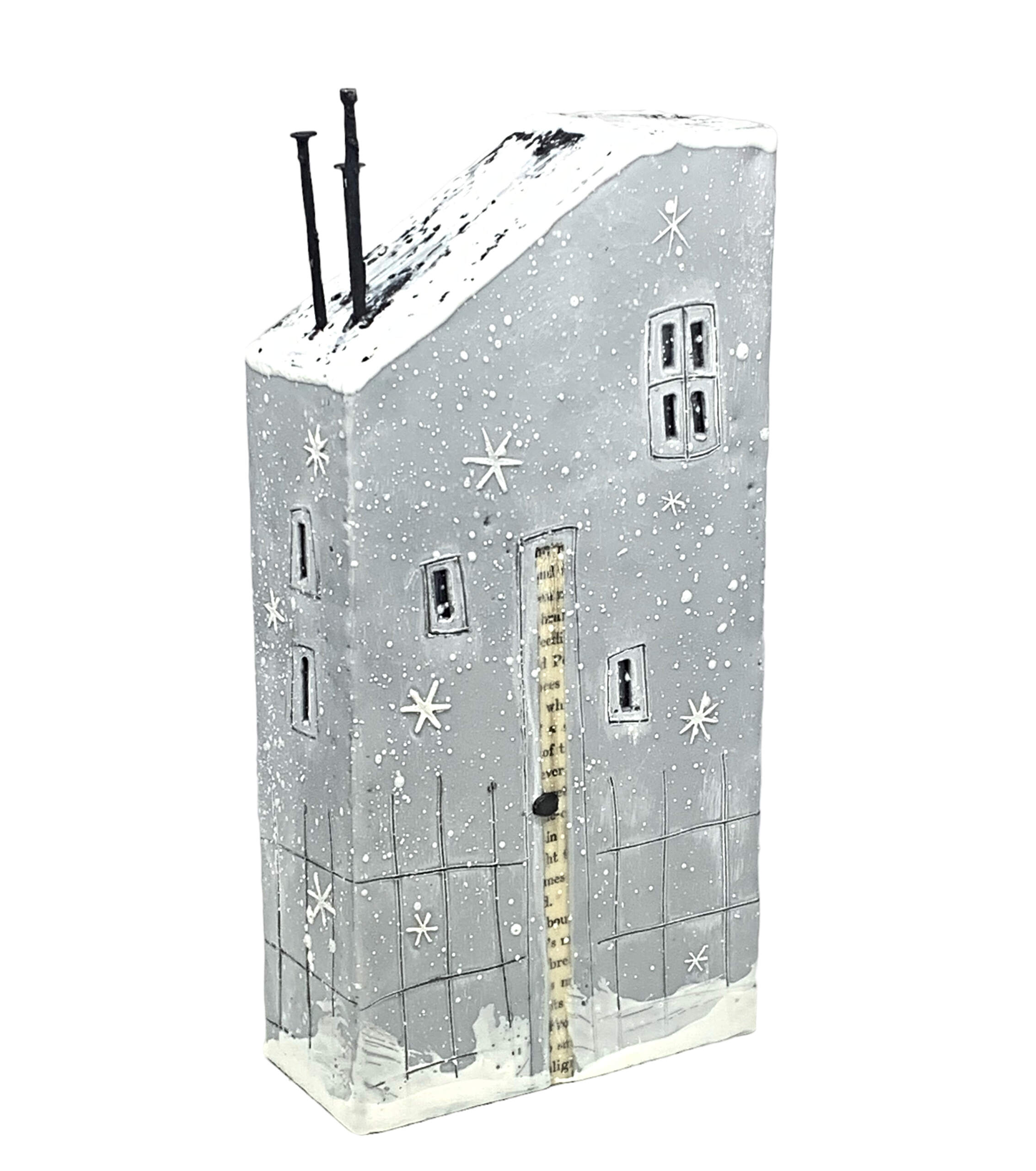 131 Frost Street, original 3-D encaustic blue grey snowflake house painting by Brenda Walker at Effusion Art Gallery in Invermere, BC.