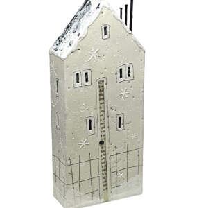Original 3-D encaustic painting of a cute cream house with snow and snowflakes by Brenda Walker.
