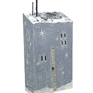 Original 3-D encaustic painting of a cute soft blue house with snow and snowflakes by Brenda Walker.