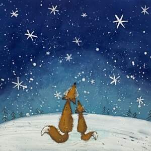 Original encaustic painting of a cute fox family looking up at the snowflakes in a night sky painting by Brenda Walker.