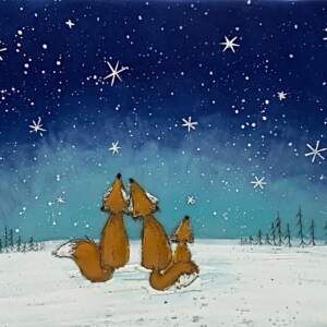 Original encaustic painting of a cute fox family looking up at the snowflakes in a night sky painting by Brenda Walker.