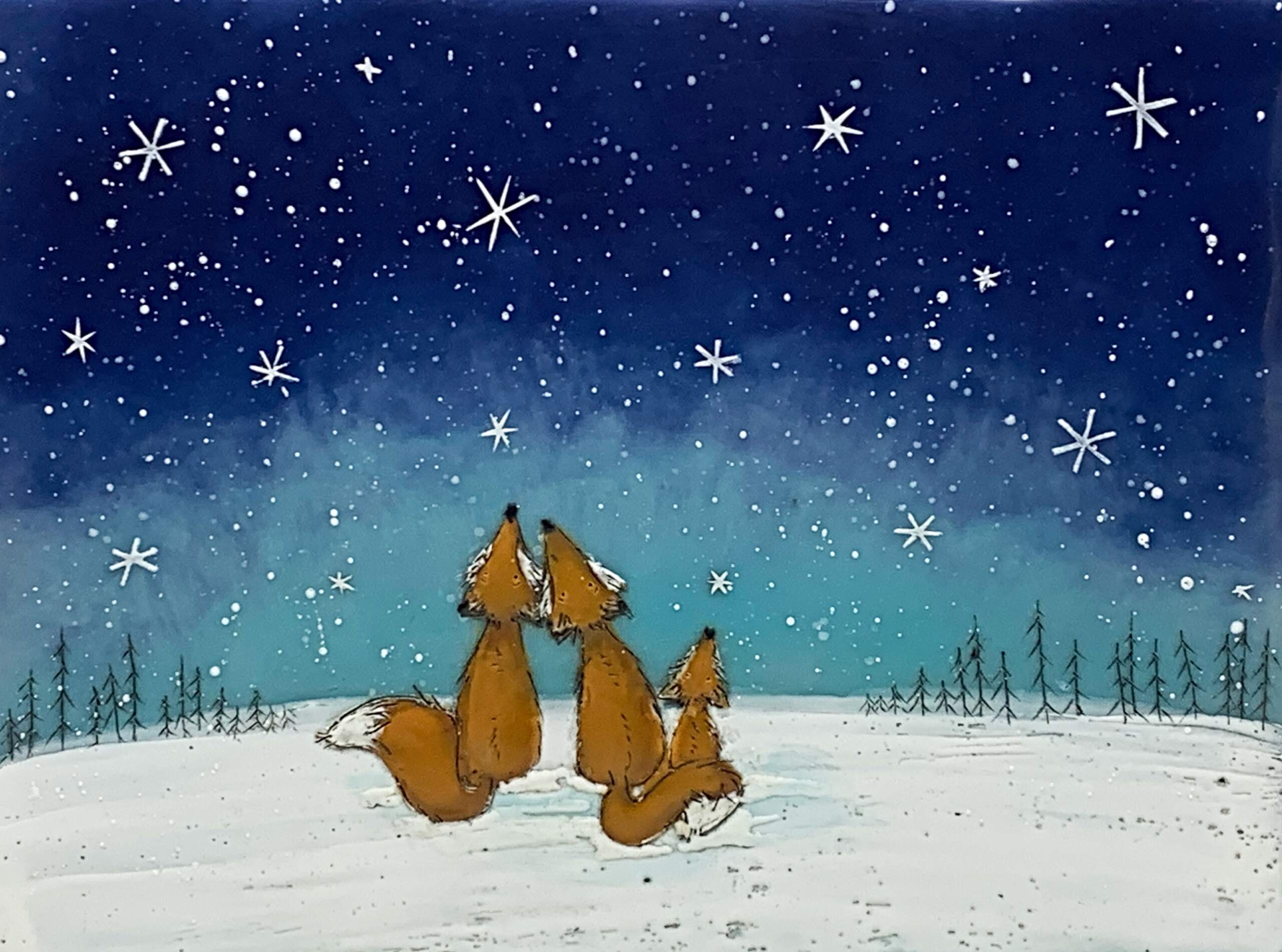 First Snow 6, original encaustic fox family painting by Brenda Walker at Effusion Art Gallery in Invermere, BC.