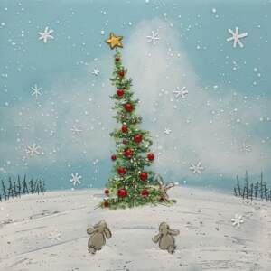Original encaustic painting of cute grey bunnies looking at a tall Christmas tree in a winter snowflake meadow by Brenda Walker.