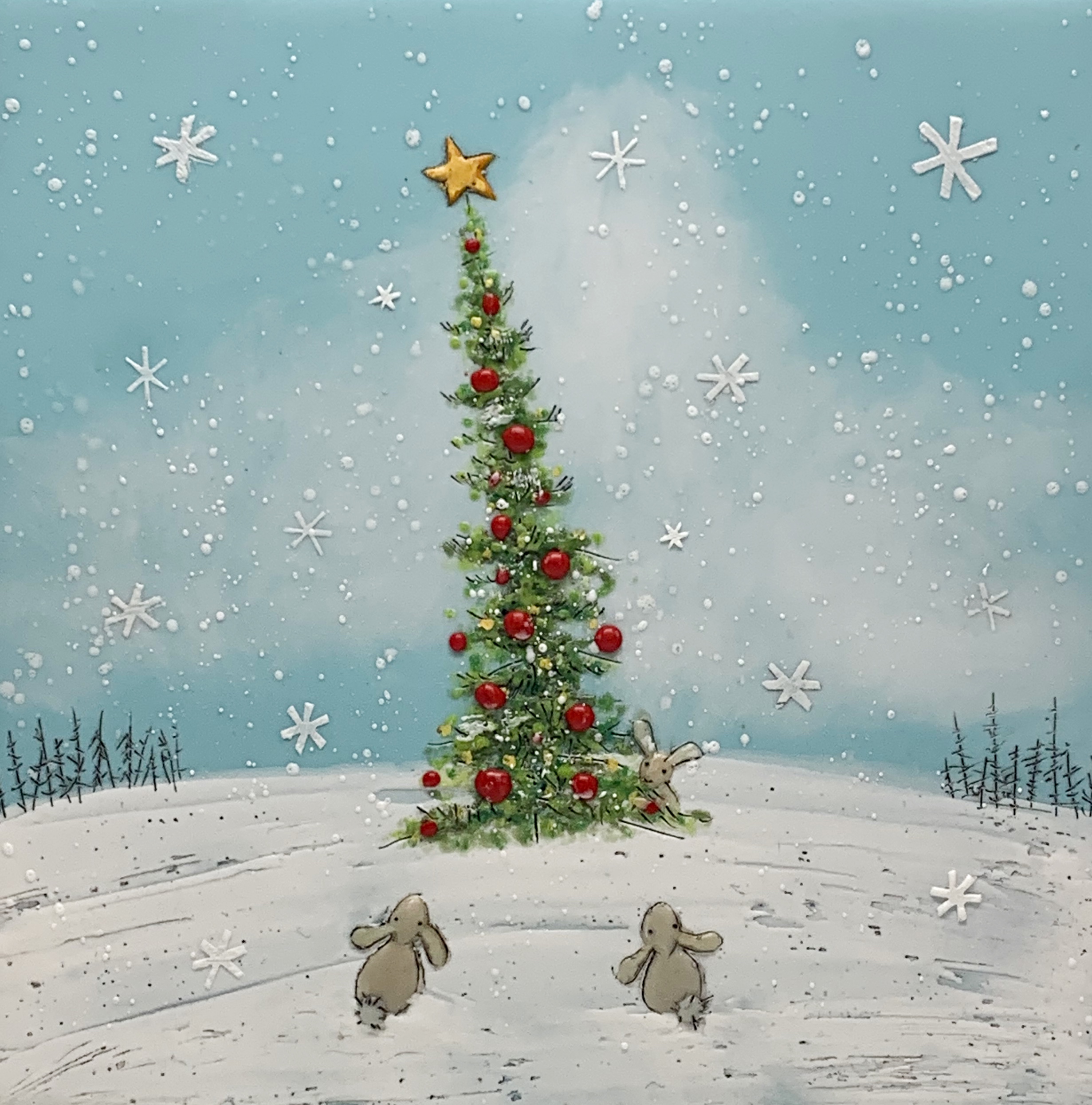 Oh Christmas Tree 38, original encaustic Christmas tree and bunnies painting by Brenda Walker at Effusion Art Gallery in Invermere, BC.
