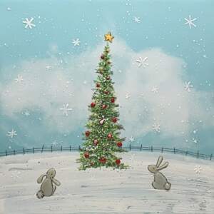 Original encaustic painting of cute grey bunnies looking at a tall Christmas tree in a winter snowflake meadow by Brenda Walker.
