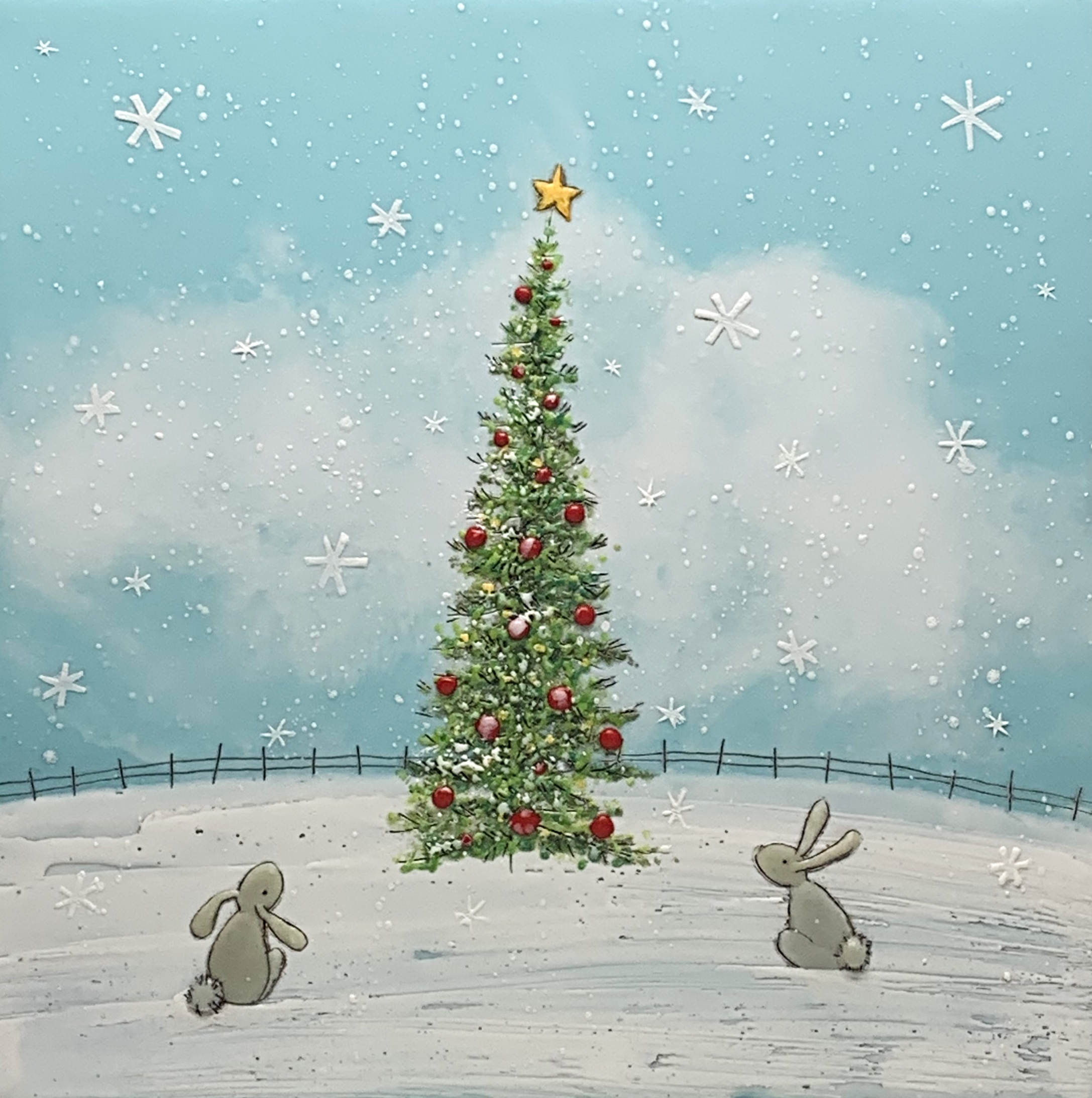 Oh Christmas Tree 39, original encaustic Christmas tree and bunnies painting by Brenda Walker at Effusion Art Gallery in Invermere, BC.