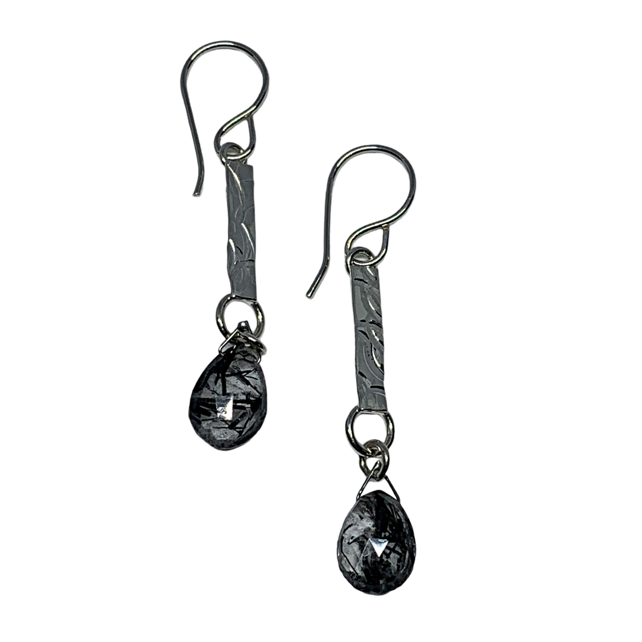 Handmade silver + tourmilated quartz earrings by A&R Jewellery at Effusion Art Gallery in Invermere, BC.