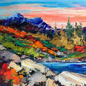 Original oil landscape painting of an autumn mountain lake at sunset by Kimberly Kiel.