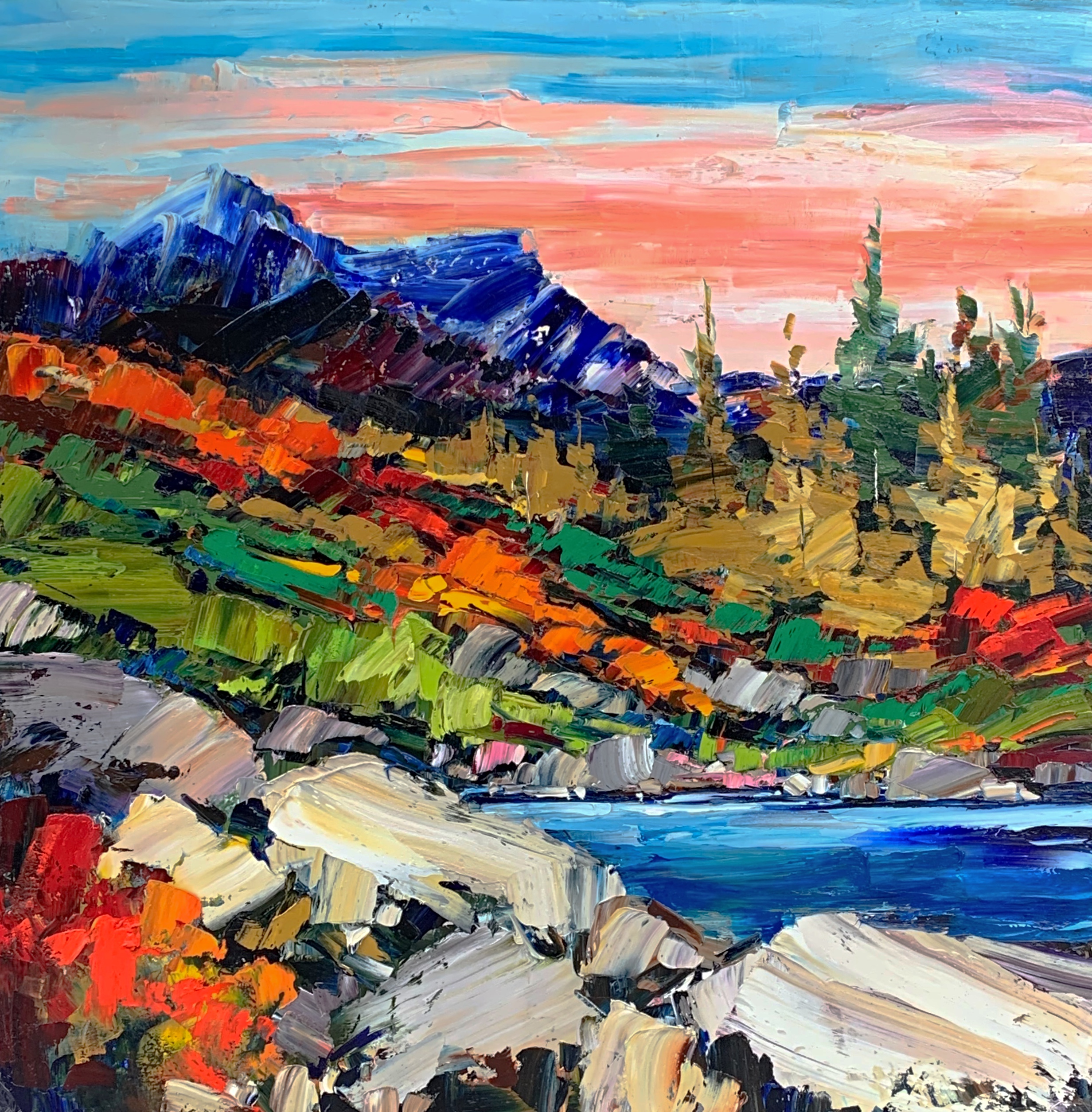 A Tale of Several Stories, original sunset landscape oil painting by Kimberly Kiel at Effusion Art Gallery in Invermere, BC.
