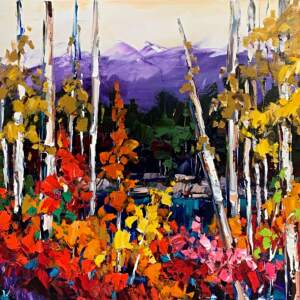 Original oil landscape painting of colorful autumn trees in front of a teal lake and purple mountains by Kimberly Kiel.