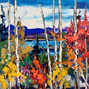 Original oil landscape painting of colorful autumn trees in front of a teal lake and blue mountains by Kimberly Kiel.