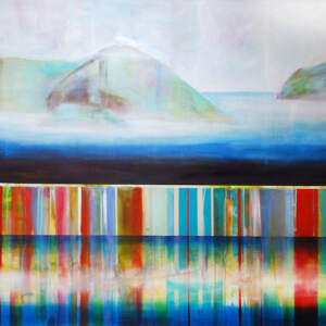 Mixed media painting of a red and blue canoe reflecting onto water with soft mountains in the background by Sylvain Leblanc.
