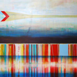 Mixed media painting of an abstract red, beige, and blue canoe reflecting onto water with a paddle above by Sylvain Leblanc.