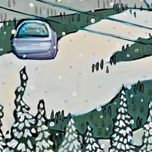 Original acrylic painting of the ski hill gondolas heading up the mountain on a snowy day by Eleanor Lowden.