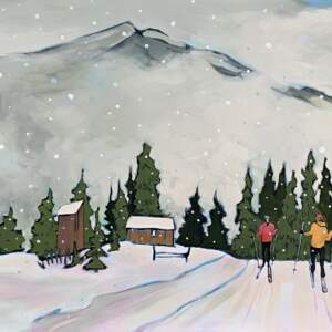 Original acrylic painting of cross country skiers on Nipika trails near two cabins by Eleanor Lowden.
