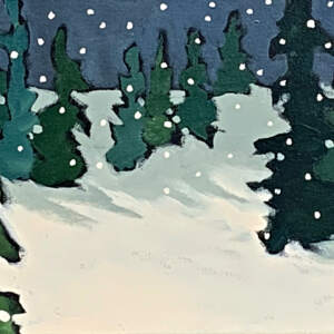 Original acrylic painting of winter evergreen trees in gentle snow by Eleanor Lowden.