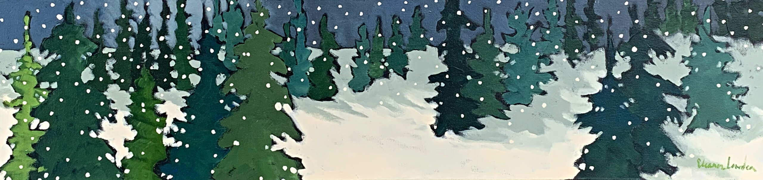 Snowy Glen, acrylic winter tree painting by Eleanor Lowden at Effusion Art Gallery in Invermere, BC