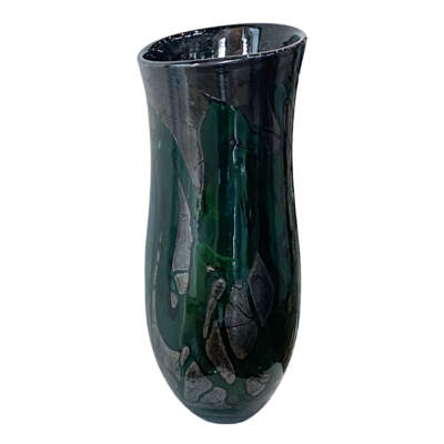Ancient Shimmer, green and black blown glass vase by Hayden MacRae at Effusion Art Gallery in Invermere, BC