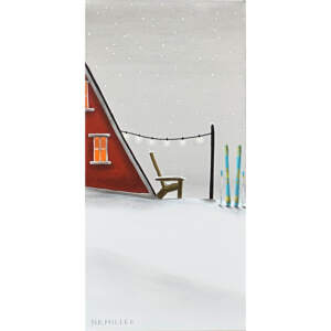 Original mixed media painting of a red ski chalet on a snowy mountain with turquoise skis sticking up in the snow by Canadian artist Natasha Miller.