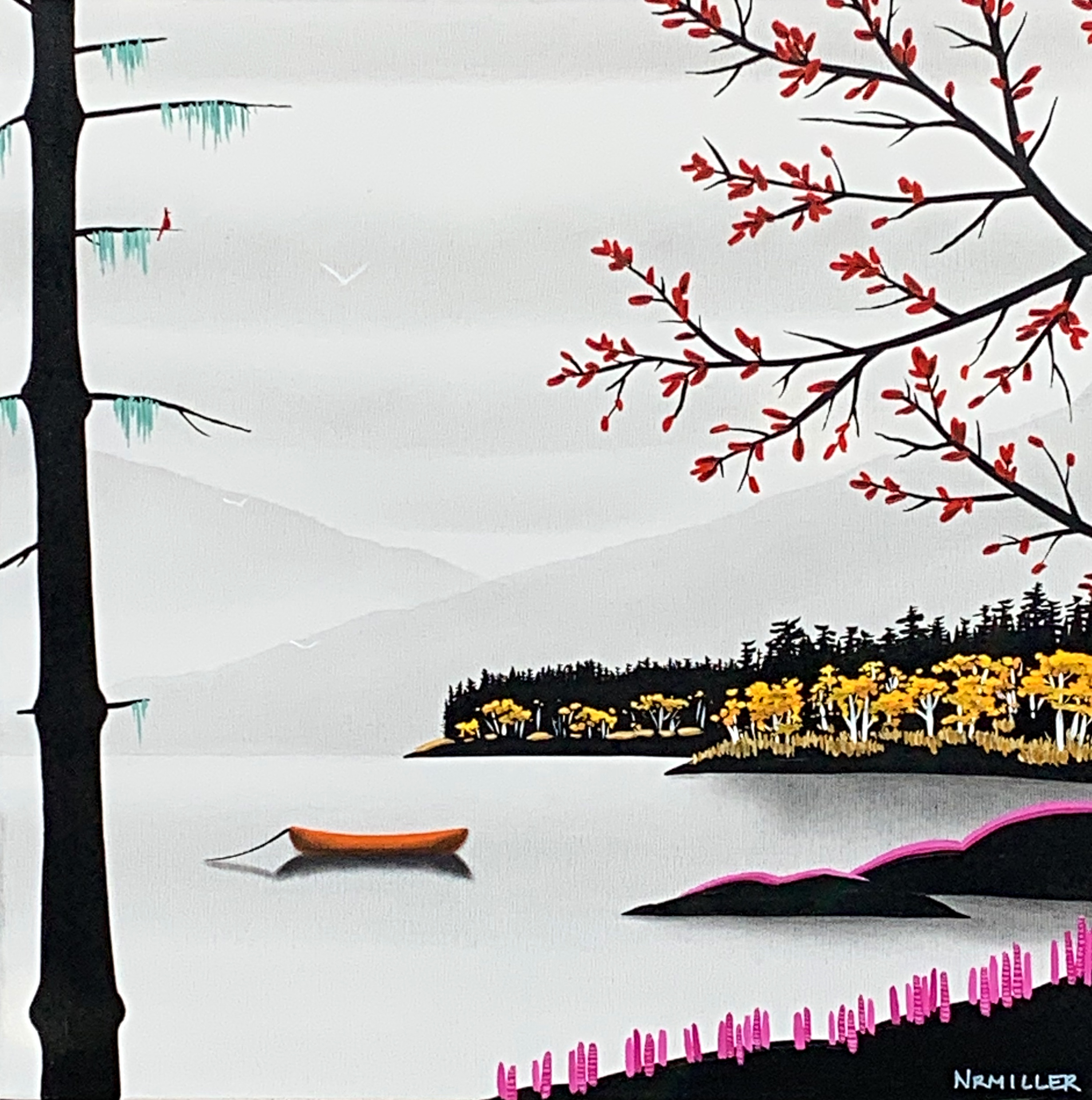 Seasons for a Reason, original mixed media landscape and canoe painting by Canadian artist Natasha Miller at Effusion Art Gallery in Invermere, BC