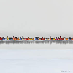 Original mixed media painting of tiny colorful houses beside a calm wintery lake by Canadian artist Natasha Miller.