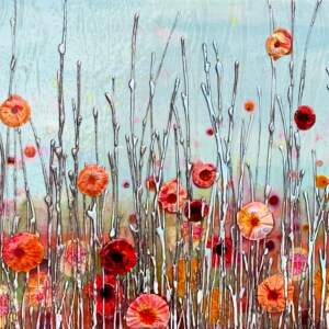 Original mixed media painting of metallic poppies in a field on a sunny day by Sarah Moffat.