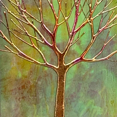 Liberté, mixed media tree painting by Sarah Moffat at Effusion Art Gallery in Invermere, BC.
