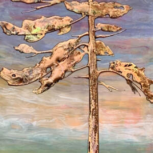 Original mixed media painting of a gold metallic tree on a matte abstract sunset background by Sarah Moffat.