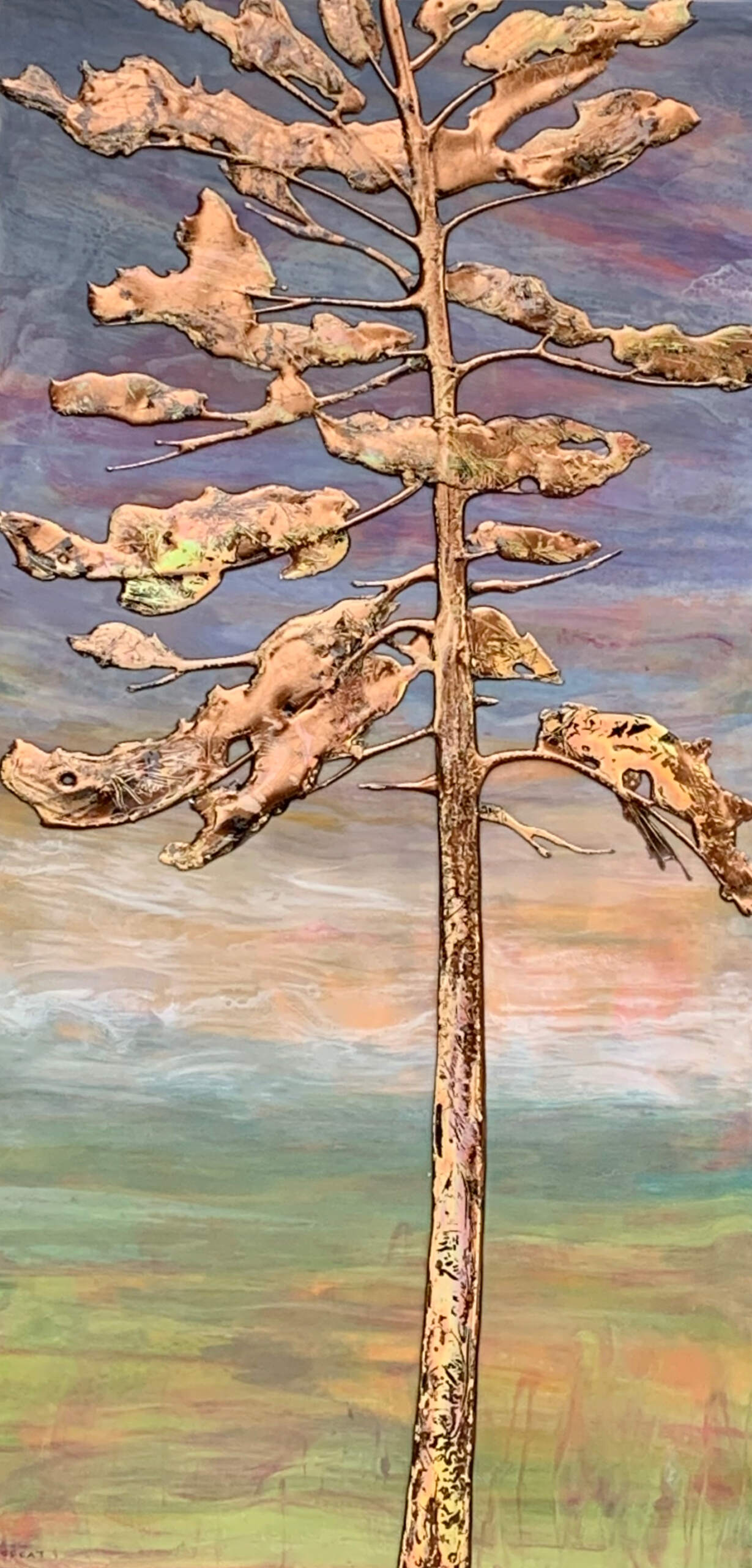 Old Goldie, mixed media tree painting at sunset by Sarah Moffat at Effusion Art Gallery in Invermere, BC.