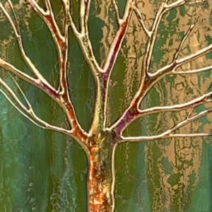 Original mixed media painting of a gold metallic tree on a green background by Sarah Moffat.