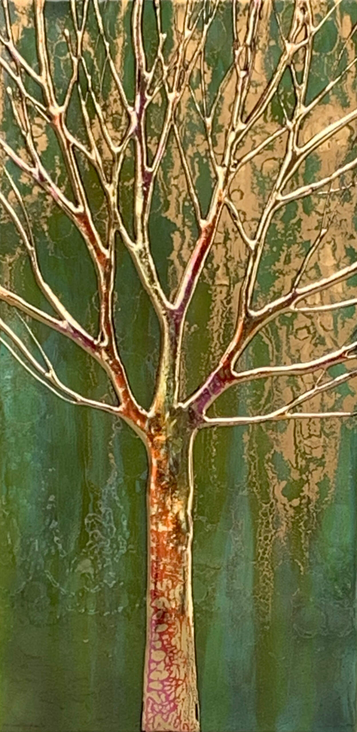 Savannah Moss, mixed media tree painting by Sarah Moffat at Effusion Art Gallery in Invermere, BC.