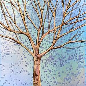 Original mixed media painting of a gold metallic tree on a holographic background by Sarah Moffat.