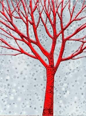 Winter Red, original mixed media metalling red, white, and silver tree painting by Sarah Moffat at Effusion Art Gallery in Invermere, BC.