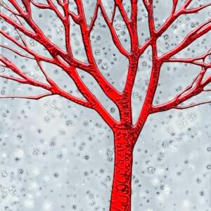 Winter Red, original mixed media metalling red, white, and silver tree painting by Sarah Moffat at Effusion Art Gallery in Invermere, BC.