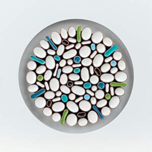 Original mixed media 3-D abstract painting with a circle filled with smaller white, blue, green, and berry circles and ovals by Richelle Osborne.