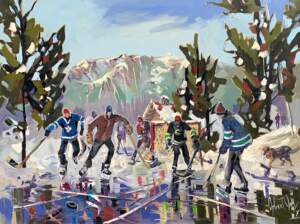 Original oil painting of kids with Toronto Maple Leafs, Montreal Canadiens, and Vancouver Canucks jerseys playing hockey on the lake by Robert Roy.