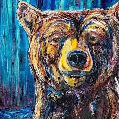 Radio Talk, mixed media bear painting by Canadian artist David Zimmerman | Effusion Art Gallery in Invermere, BC.